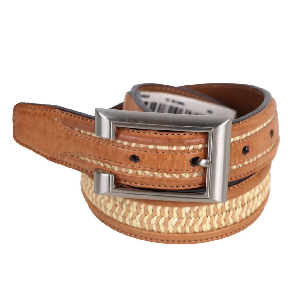 Tommy Bahama Spain TAN BROWN GENUINE LEATHER 1 1/8"Wd STRAW BRAIDED BELT M (D88